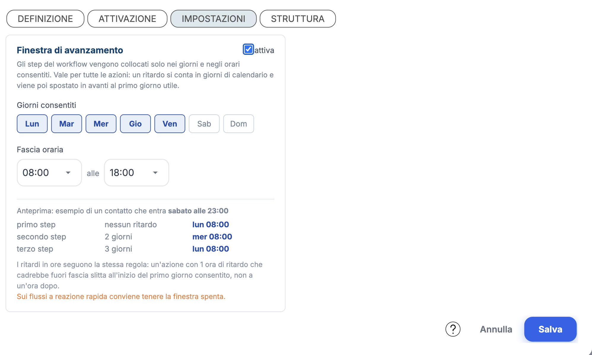 finestra avanzamento azioni workflow - pianificazione workflow