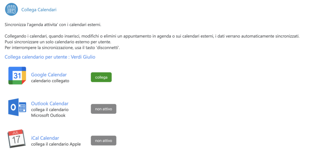 sincronizzazione del calendari esterni con CRM (Gmail, Outlook Calendar, iCal Calendar)