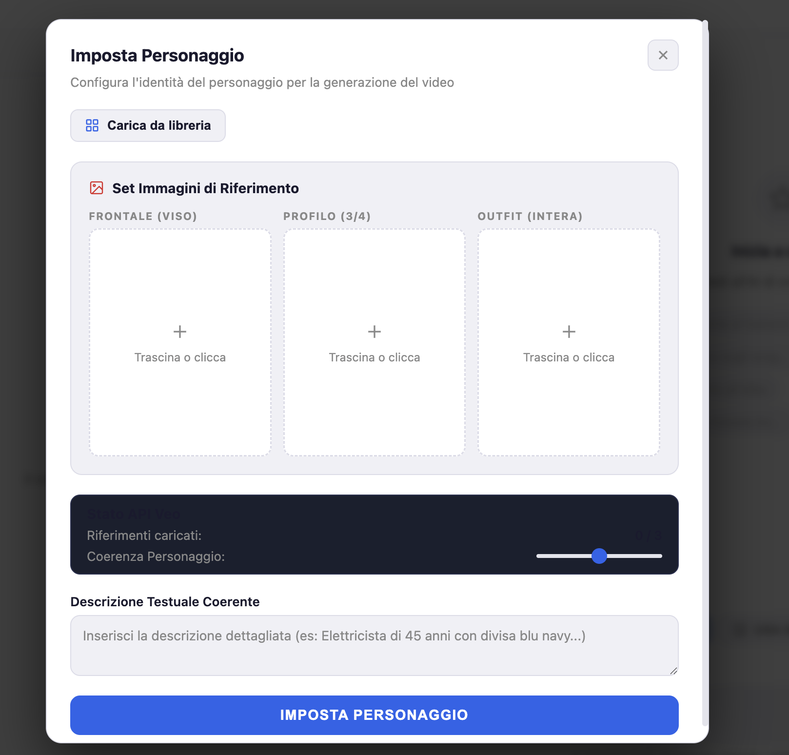 imposta personaggio per generazione video