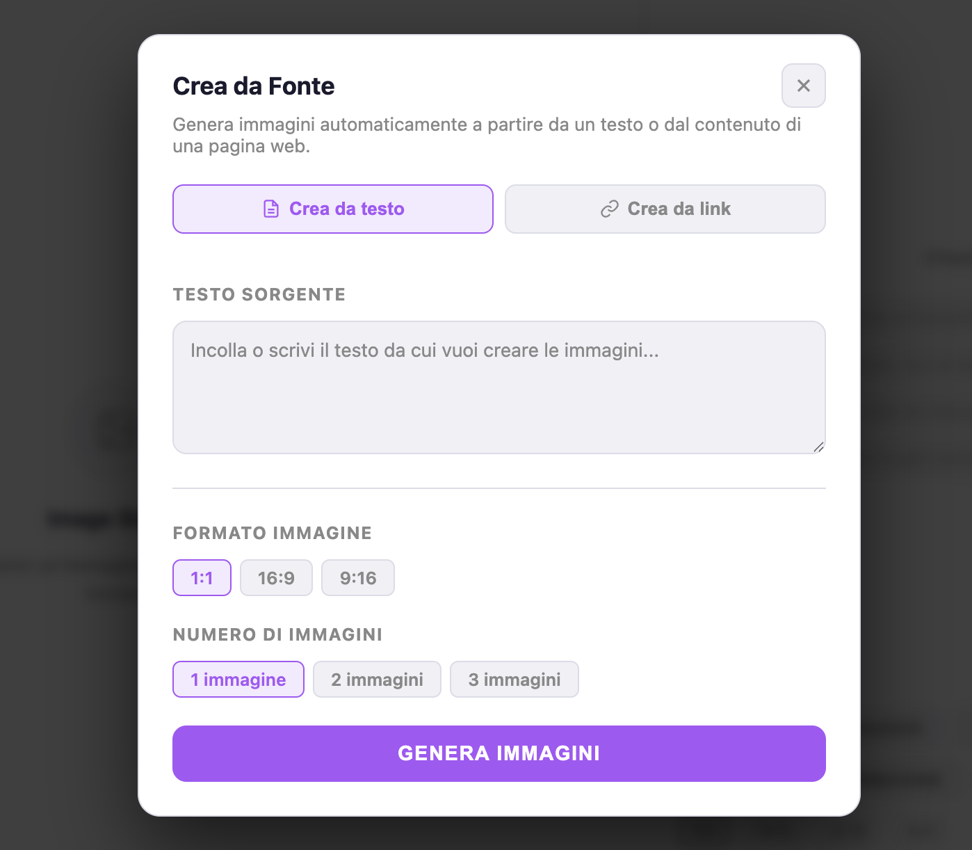 crea immagini da fonte link o testo