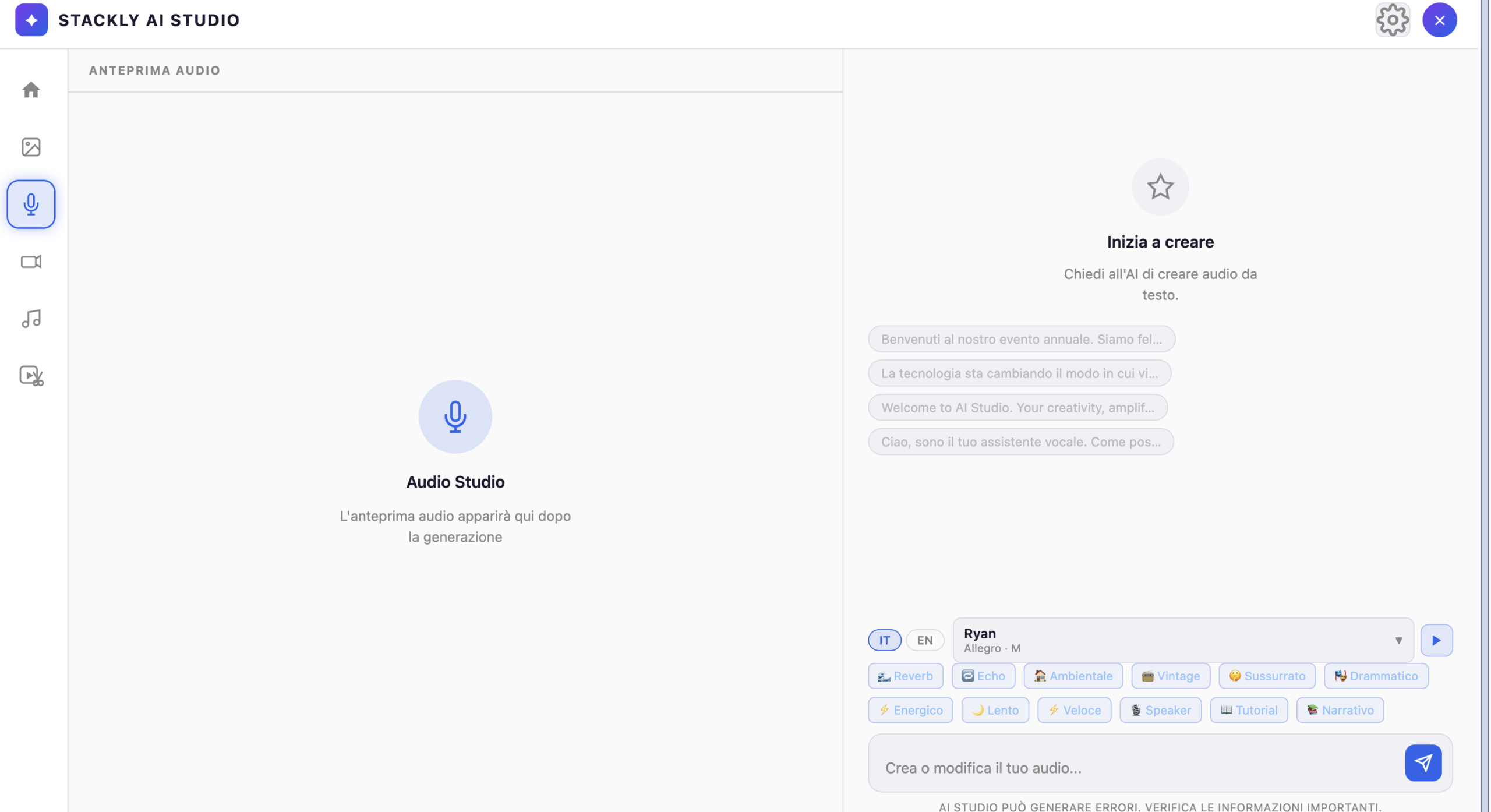 Stackly AI Studio : genera audio da testo