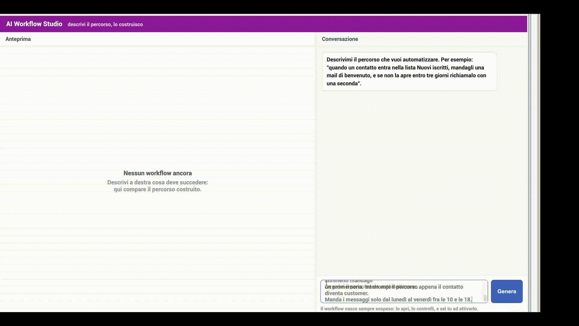 crea workflow di marketing automation usando un prompt ai per descrivere i passaggi ed i messaggi da inviare